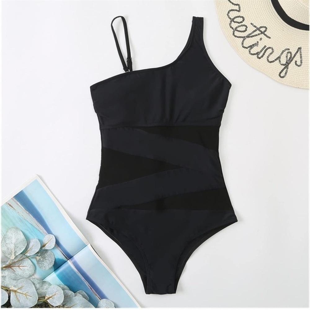 Women Sexy Mesh Solid Swimwear Beach Bathing Suit Bodysuit Black, Size XL A82